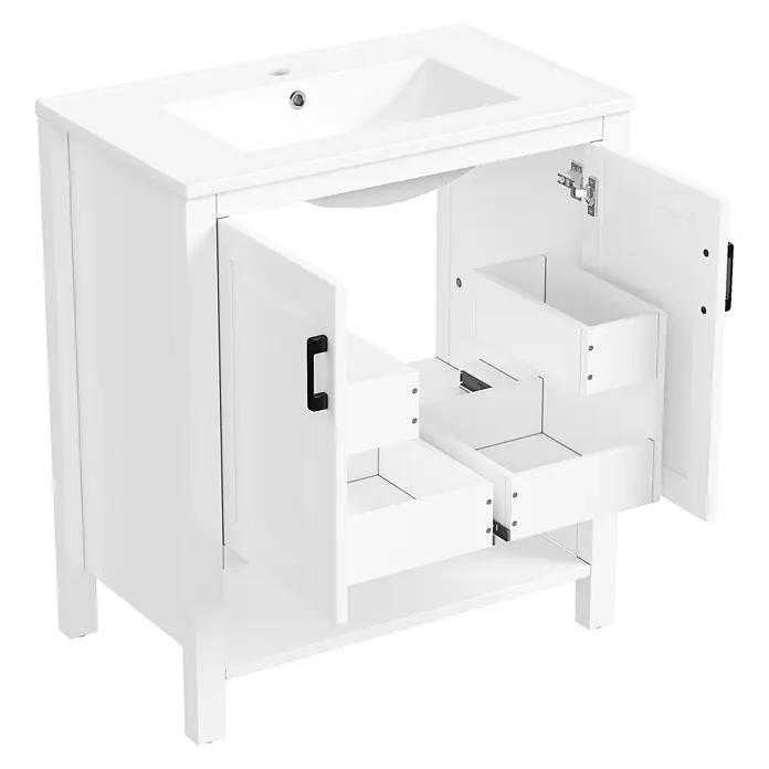 SONNENH Waschtisch-Set, weiß, 76,5 cm, Türen und Innenauszüge -  - Weißer Badezimmerschrank mit integriertem Waschbecken, offene Türen zeigen ausziehbare Ablagebehälter und eine untere Ablage.