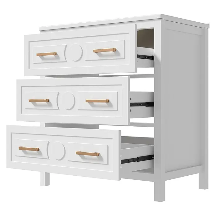 SONNENH Waschtisch-Set, 76,5 cm, 3 Schubladen, Weiß/Gold -  - Weiße Kommode mit drei teilweise geöffneten Schubladen und goldenen Griffen.