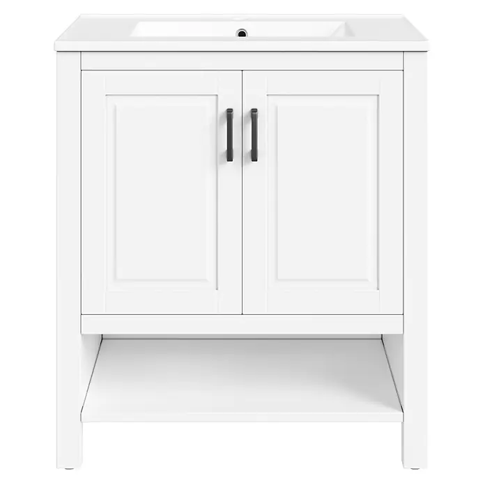 SONNENH Waschtisch-Set, weiß, 76,5 cm, Türen und Innenauszüge -  - Weißer Waschtischunterschrank mit Spüle, zwei Türen, schwarzen Griffen und offenem Regal.