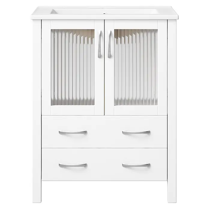 SONNENH Waschtisch-Set weiß mit Riffelglas und 2 Schubladen, 61 cm - 