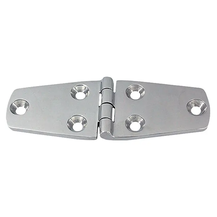 Marinetech Scharnier - L x B: 76 x 38 mm, Stahlsorte: A4 - Ein glänzendes, silbernes Türband mit abgerundeten Ecken und Befestigungslöchern für eine stabile Montage, ideal für maritime Anwendungen.
