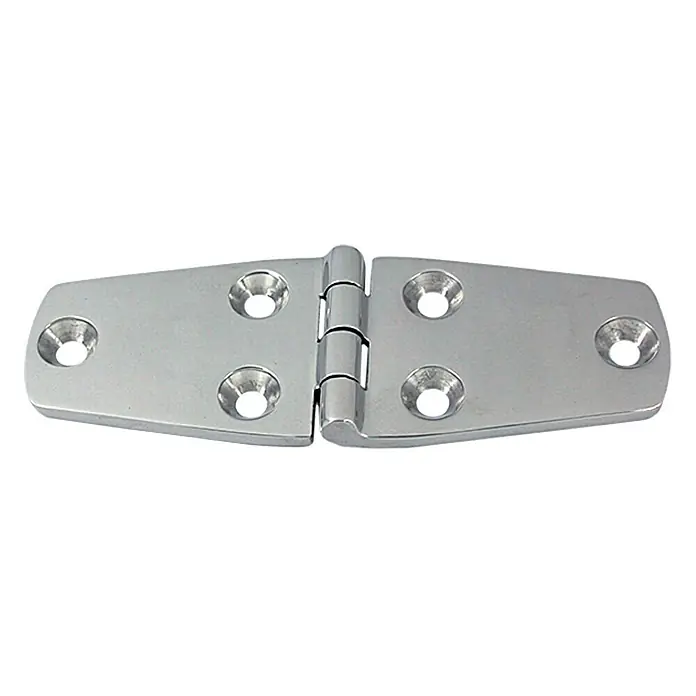 Marinetech Scharnier - L x B: 100 x 38 mm, Stahlsorte: A4 - Ein glänzendes, silbernes Türband mit abgerundeten Ecken und Befestigungslöchern für eine stabile Montage, ideal für maritime Anwendungen.