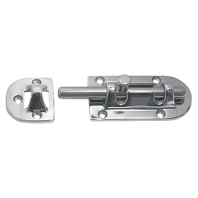Marinetech Verschlussscharnier - 76 x 38 x 9,5 mm, Edelstahl, A4 - Dieser Artikel zeigt einen silbernen Türriegel mit einem runden Knopf zum sicheren Verschließen von Türen und Toren.