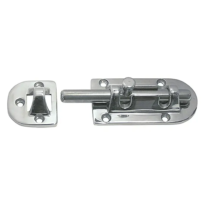 Marinetech Verschlussscharnier - 76 x 38 x 9,5 mm, Edelstahl, A4 - Dieser Artikel zeigt einen silbernen Türriegel mit einem runden Knopf zum sicheren Verschließen von Türen und Toren.