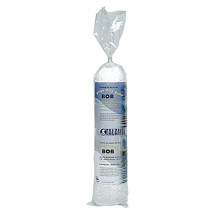 Talamex Ölabsorbationskissen - 7,5 l, Länge: 55 cm - Ein langer Beutel mit Talamex BOB Algenöl-Buffer, gefüllt mit kleinen weißen Kügelchen und in klarer Plastikfolie verpackt.