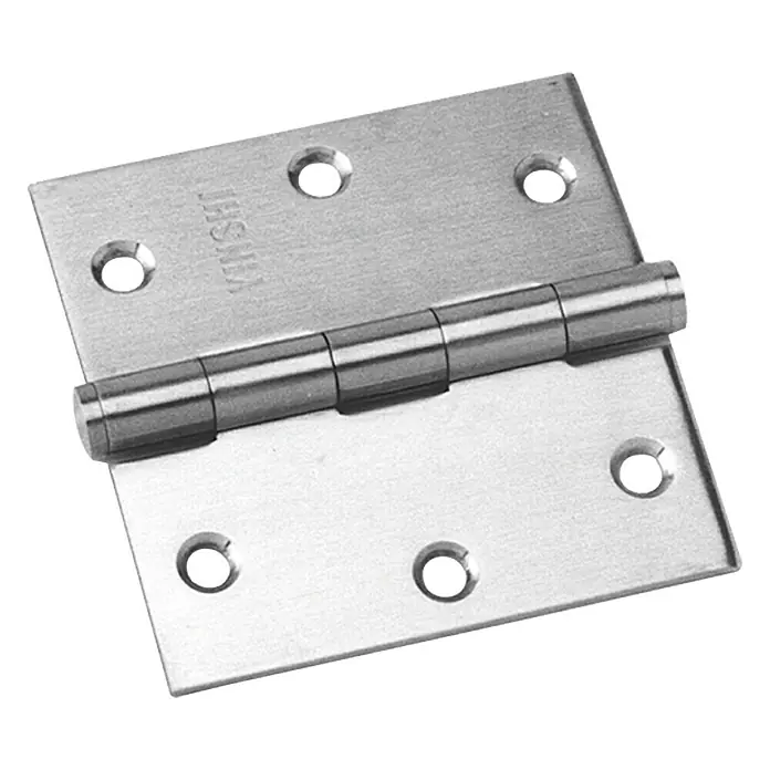 Marinetech Scharnier - L x B: 75 x 75 mm, Stahlsorte: A2 - Nahaufnahme eines geöffneten Türscharniers aus gebürstetem Edelstahl mit runden Löchern für Schrauben.