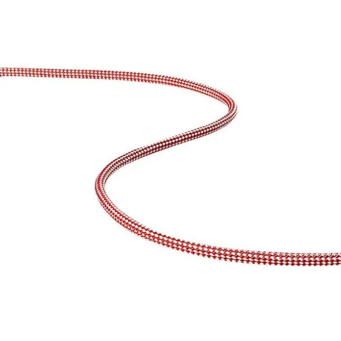 Robline Leine Meterware Dinghy Control - 3 mm, Weiß/Rot, Polyester - Ein rotes Kletterseil liegt gewunden auf einem weißen Hintergrund. Das Seil ist ein essenzielles Werkzeug für sicheres Klettern.