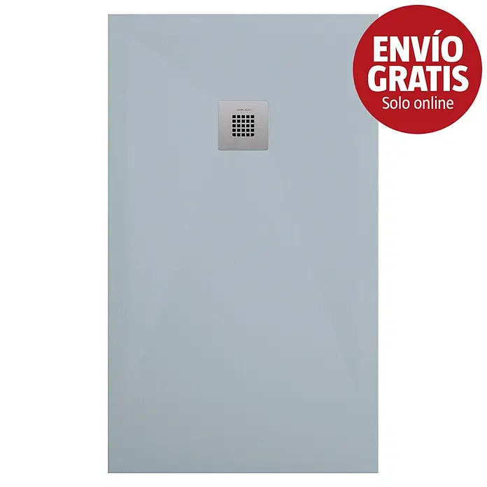 Duplach Plato de ducha Plus - L x An: 160 x 90 cm, Material compuesto, Gris - Plato de ducha azul claro texturizado con desagüe cuadrado metálico central.