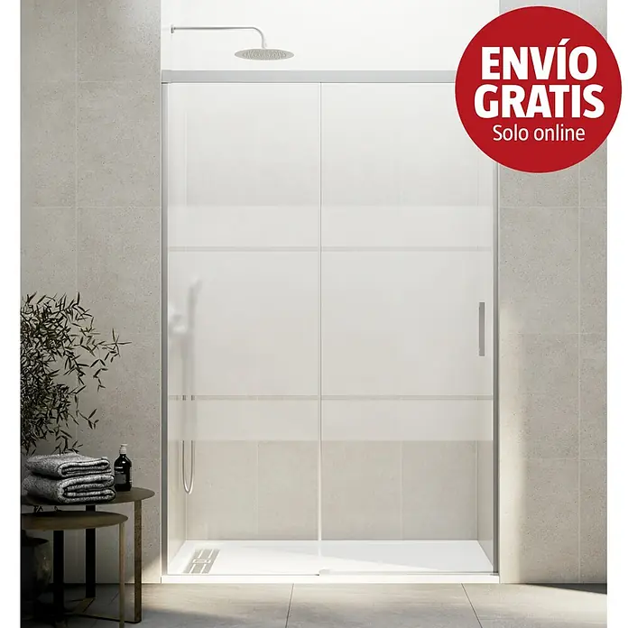 GME Mampara de ducha frontal Basic - 180 x 196 cm, Vidrio serigrafiado, Nickel - Mampara de ducha moderna con puertas correderas, vidrio parcialmente esmerilado y plato de ducha blanco en un baño.