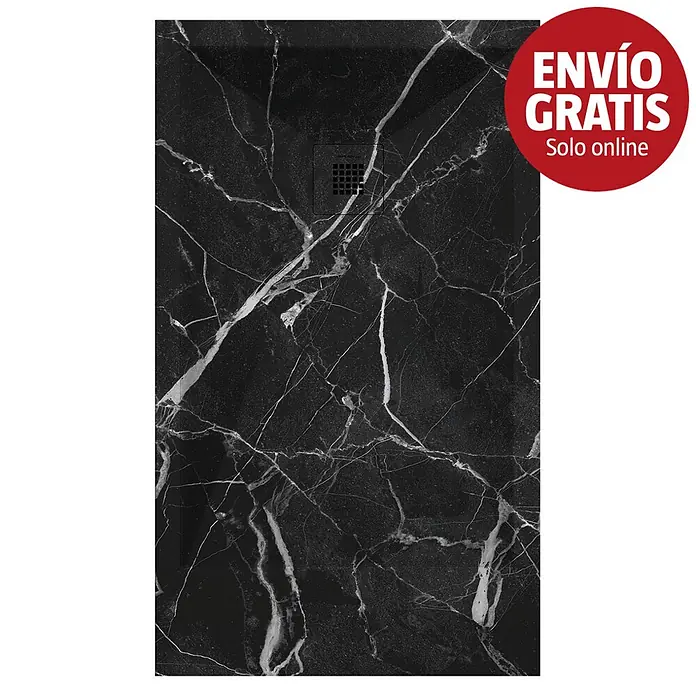 Duplach Plato de ducha 3D - L x An: 180 x 80 cm, Material compuesto, Mármol Negro - Plato de ducha negro efecto mármol con vetas blancas y desagüe cuadrado.