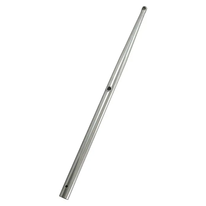 Relingstütze - Länge: 610 mm, Edelstahl, A4 - Nahaufnahme einer silberfarbenen Stange mit Löchern, die sich ideal für verschiedene Bau- oder Reparaturprojekte eignet. Die Metallstange ist robust und langlebig.