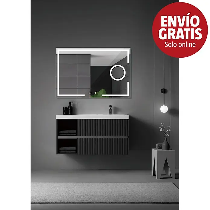 LedImex Espejo con luz Malta - 120 x 80 cm, Sensor, Función antivaho - Mueble de baño moderno gris oscuro con lavabo blanco y espejo LED iluminado, en un baño contemporáneo.
