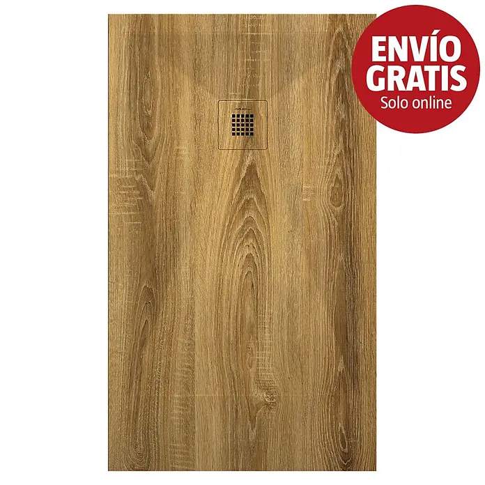 Duplach Plato de ducha 3D - L x An: 100 x 80 cm, Material compuesto, Madera Roble - Plato de ducha con efecto madera y desagüe de rejilla cuadrado en el centro.