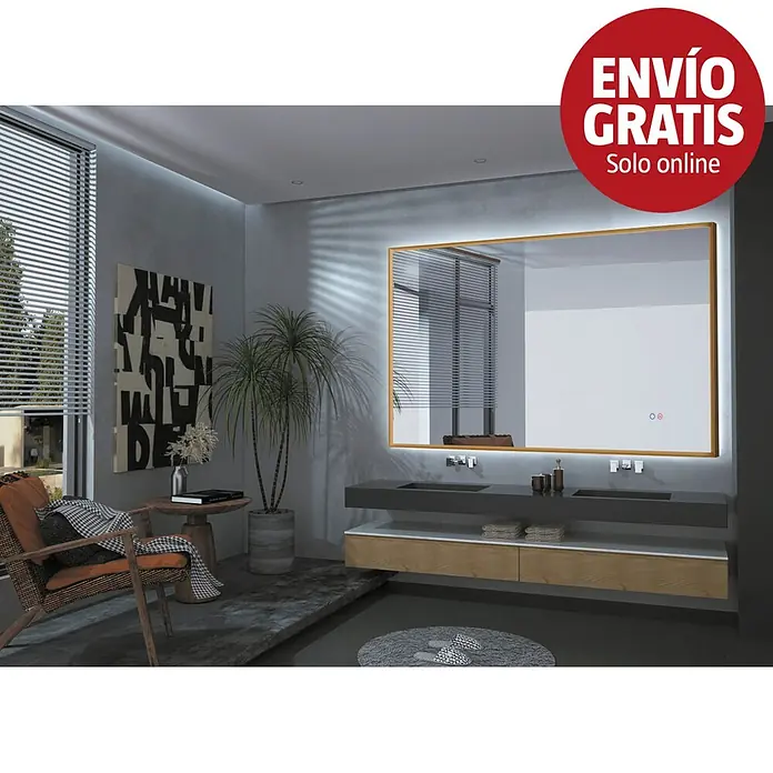 LedImex Espejo con luz California - 140 x 80 cm, Sensor, Función antivaho, Oro - Gran espejo de baño rectangular con marco dorado y retroiluminación, instalado sobre un moderno mueble de doble lavabo.
