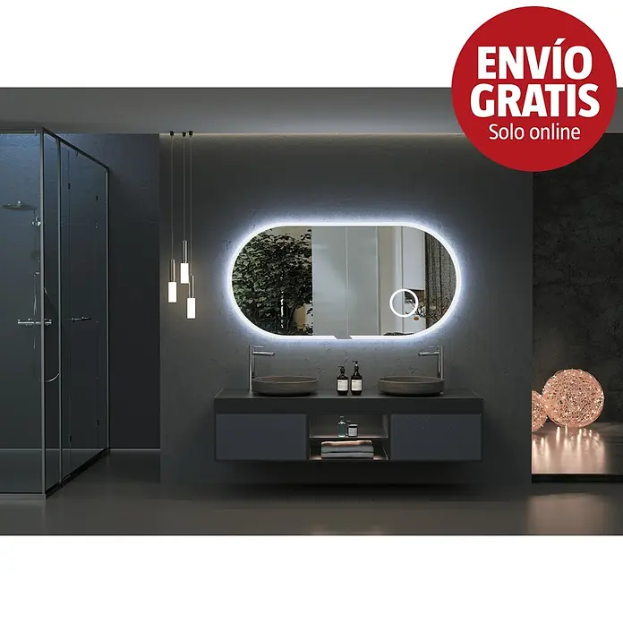 LedImex Espejo con luz Indiana - 100 x 55 cm, Sensor, Función antivaho - Baño moderno con espejo ovalado LED, doble lavabo, pilas grises y mueble flotante oscuro.