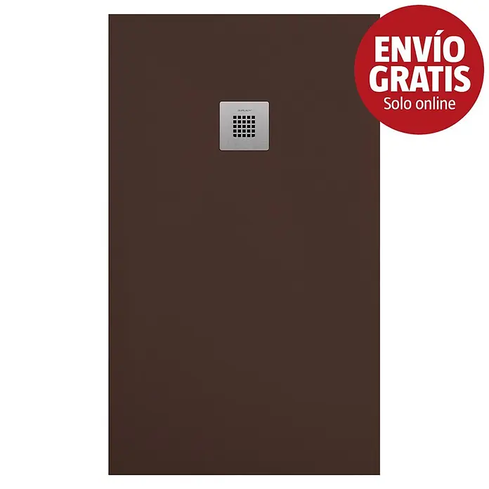 Duplach Plato de ducha Plus - L x An: 110 x 100 cm, Material compuesto, Chocolate - Plato de ducha rectangular marrón oscuro con rejilla de desagüe metálica cuadrada central.