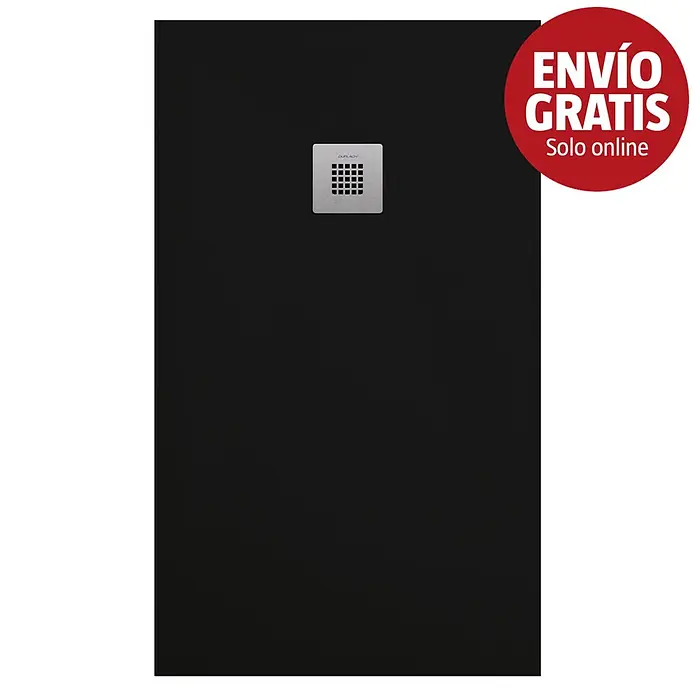 Duplach Plato de ducha Plus - L x An: 160 x 100 cm, Material compuesto, Negro - Plato de ducha rectangular negro con una rejilla de desagüe metálica cuadrada.