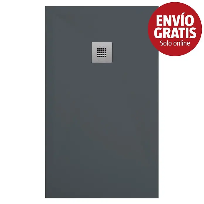 Duplach Plato de ducha Plus - L x An: 200 x 100 cm, Material compuesto, Antracita - Plato de ducha gris oscuro con textura de piedra y desagüe cuadrado metálico.