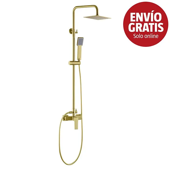 Camargue Adriatic Sistema de ducha - Con grifo monomando, Oro - Columna de ducha dorada con rociador cuadrado, ducha de mano y monomando.