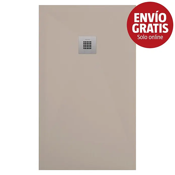 Duplach Plato de ducha Plus - L x An: 100 x 100 cm, Material compuesto, Arena - Plato de ducha rectangular beige claro con desagüe metálico cuadrado.
