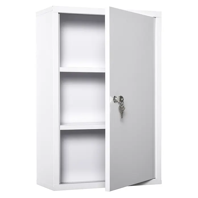 SONNENH Medizinschrank mit Schloss und drei Fächern, weiß, 40 cm -  - Weißer Metall-Wandschrank mit drei Einlegeböden und einer leicht geöffneten Tür, die Schlüssel im Schloss zeigt.