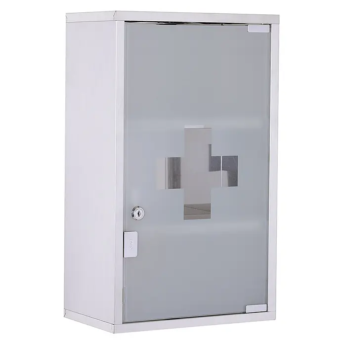 SONNENH Medizinschrank Edelstahl mit Schloss, 30 x 18 x 50 cm -  - Abschließbarer Edelstahl-Medizinschrank mit mattierter Glastür und klarem Kreuzmotiv.