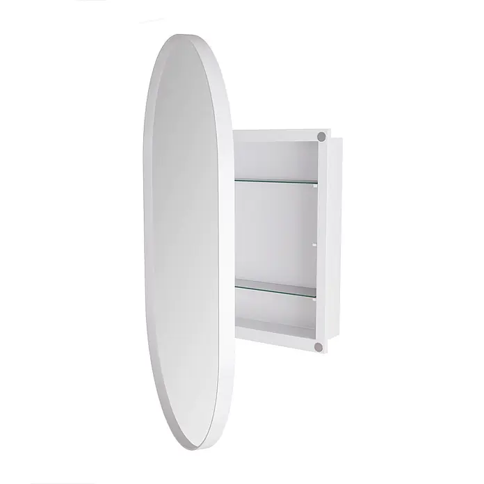 SONNENH Spiegelschrank, weiß, oval 51,5 x 85 cm -  - Weißer runder Spiegelschrank mit offener Tür und Glasböden.
