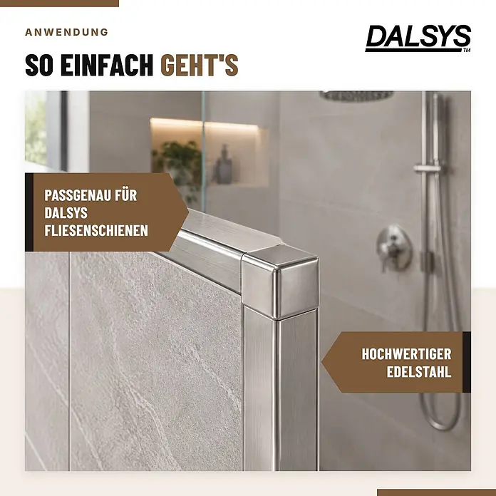 Dalsys Endstück Quadratprofil 10mm Edelstahl Schwarz Gebürstet -  - Eckprofil aus gebürstetem Edelstahl für DALSYS Fliesenschienen, präzise verlegt mit hellgrauen Fliesen in einer modernen Dusche.