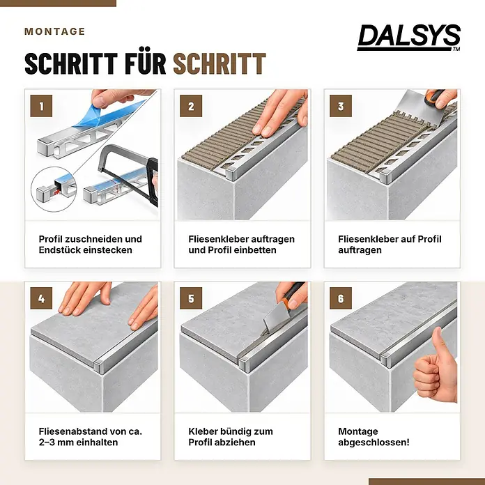 Dalsys Endstück Quadratprofil 10mm Edelstahl Schwarz Gebürstet -  - Schritt-für-Schritt-Anleitung zur Installation eines Metallfliesenprofils.