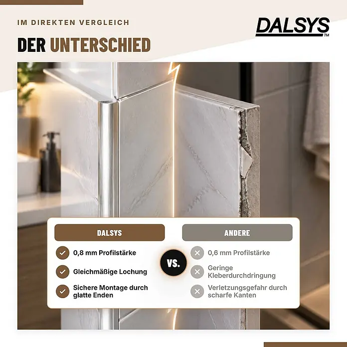 Dalsys Fliesenschiene Viertelkreis 2,5m x 10mm Aluminium Schwarz -  - Vergleich eines robusten DALSYS Fliesenprofils mit glatten Kanten und einer dünneren, rauflächigen Alternative, die Qualität und Sicherheit hervorhebt.