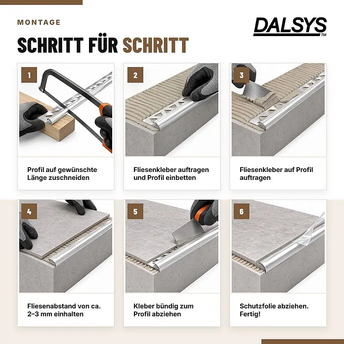 Dalsys Fliesenschiene Viertelkreis 2,5m x 10mm Aluminium Schwarz -  - Montageanleitung für silbernes Fliesenprofil in 6 Schritten, vom Zuschneiden bis zur Fliesenverlegung.