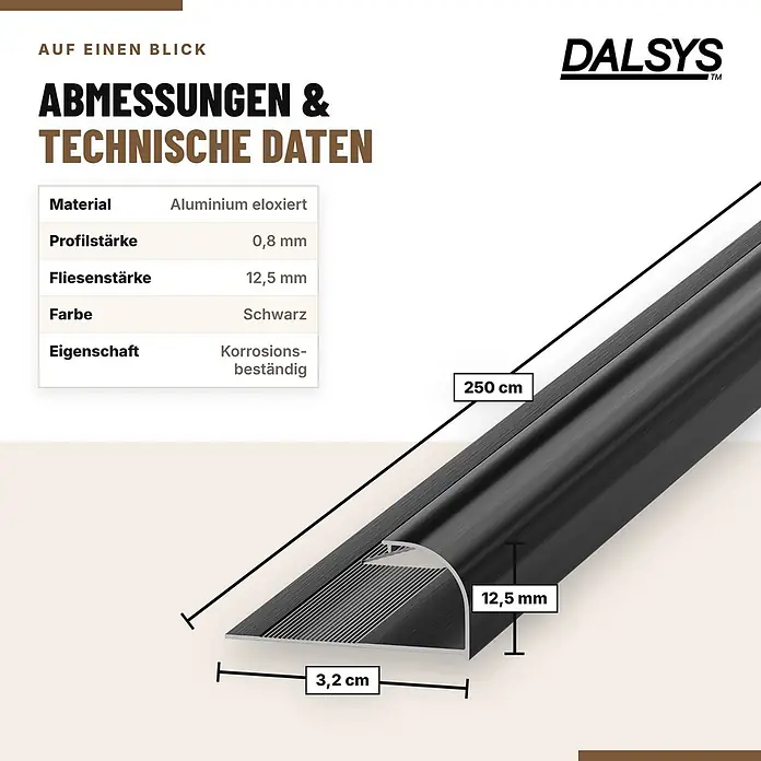Dalsys Fliesenschiene Viertelkreis 2,5m x 12,5mm Aluminium Schwarz -  - Schwarz eloxiertes Aluminium-Abschlussprofil, 250 cm lang, für 12,5 mm Fliesen, korrosionsbeständig.