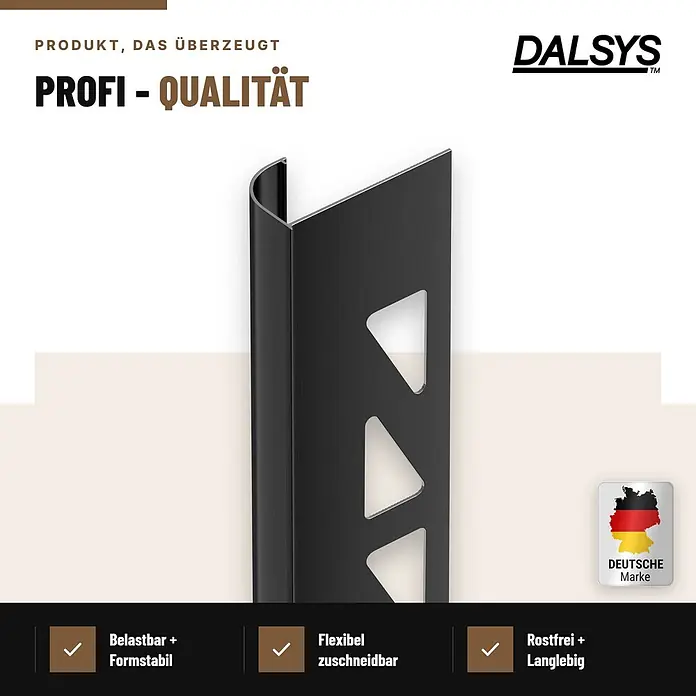 Dalsys Fliesenschiene Viertelkreis 2,5m x 12,5mm Aluminium Schwarz -  - Schwarzes L-förmiges Metall-Fliesenprofil mit Dreiecksaussparungen für Kantenschutz.