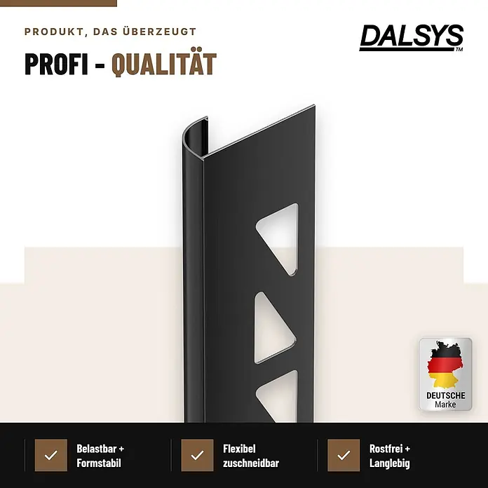 Dalsys Fliesenschiene Viertelkreis 2,5m x 10mm Aluminium Schwarz -  - Schwarzes, gebürstetes Metallfliesenprofil mit dreieckigen Aussparungen, betont professionelle Qualität, Belastbarkeit und Rostfreiheit.