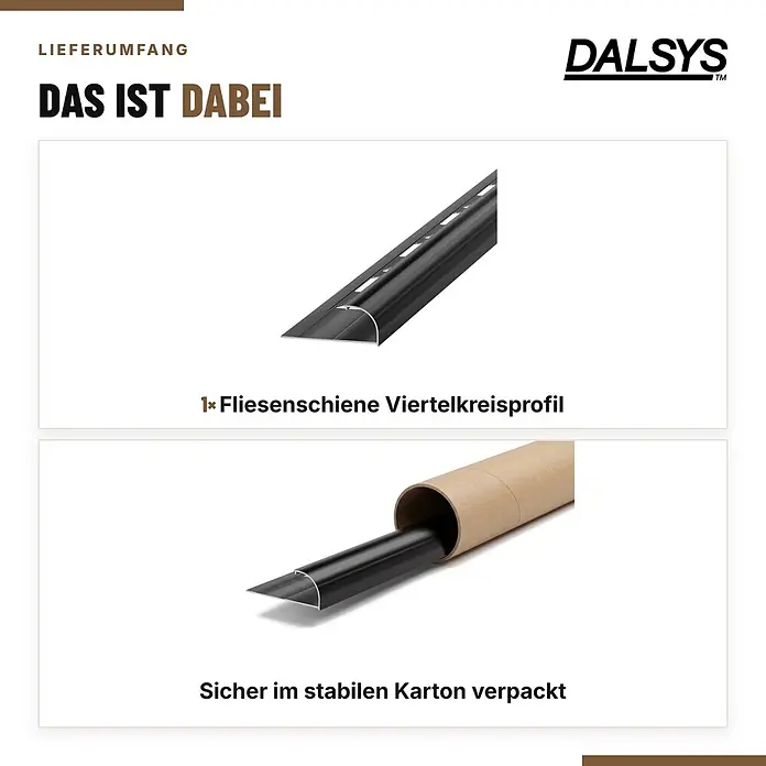Dalsys Fliesenschiene Viertelkreis 2,5m x 10mm Aluminium Schwarz -  - Schwarzes Viertelkreis-Fliesenprofil, einzeln und sicher in stabilem Karton verpackt.