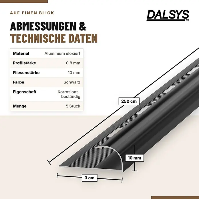 Dalsys Fliesenschiene Viertelkreis 5x 2,5m x 10mm Aluminium Schwarz -  - Schwarzes eloxiertes Aluminium Fliesenprofil, 250 cm lang, 3 cm breit, 10 mm hoch, korrosionsbeständig.