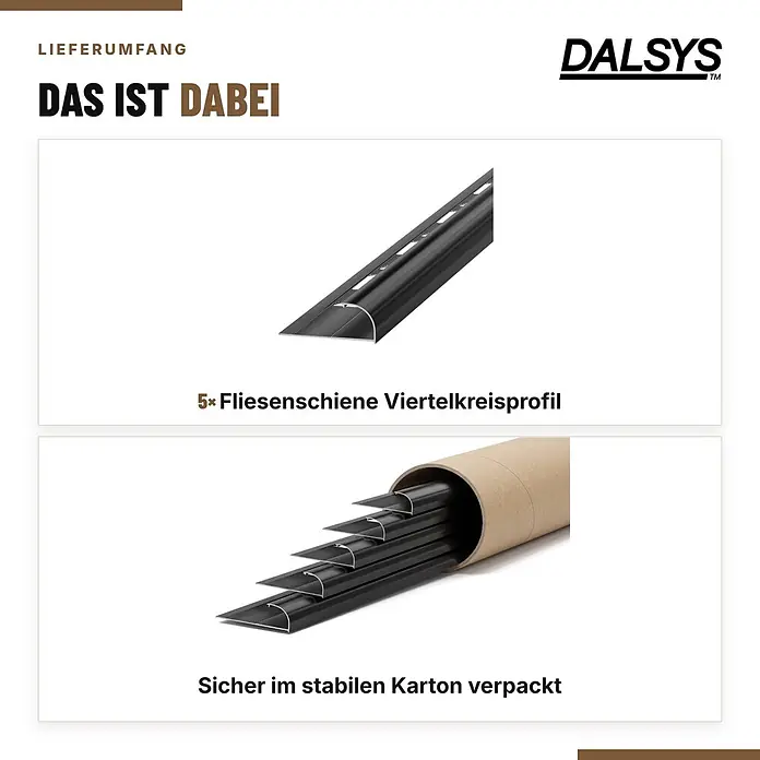 Dalsys Fliesenschiene Viertelkreis 5x 2,5m x 10mm Aluminium Schwarz -  - Fünf schwarze Viertelkreis-Fliesenschienen, einzeln gezeigt und sicher in einem Kartonrohr verpackt.