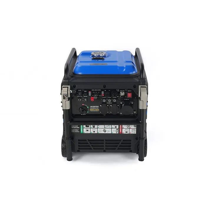 Ultimatron ULT-7500, 7,5 kW Benzin Stromerzeuger -  - Blauer und schwarzer tragbarer Inverter-Generator mit Bedienfeld, verschiedenen Ausgängen und Rädern.