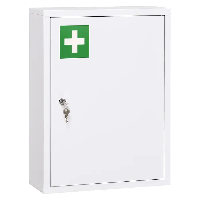SONNENH Medizinschrank aus Stahl mit zwei Schlüsseln, weiß -  - Weißer Metall-Erste-Hilfe-Schrank mit grünem Kreuz-Symbol und Schlüsselschloss.