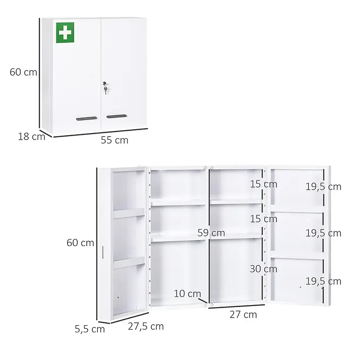 SONNENH Medizinschrank Weiß 55 x 60 cm mit 2 abschließbaren Türen -  - Weißer Erste-Hilfe-Schrank aus Metall zur Wandmontage, mit zwei Türen, Regalen und grünem Kreuz-Symbol.