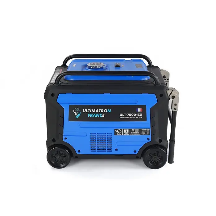 Ultimatron ULT-7500, 7,5 kW Benzin Stromerzeuger -  - Blauer und schwarzer ULTIMATRON Inverter-Generator mit Griffen, Rädern und klarer Beschriftung, für tragbare Stromversorgung.