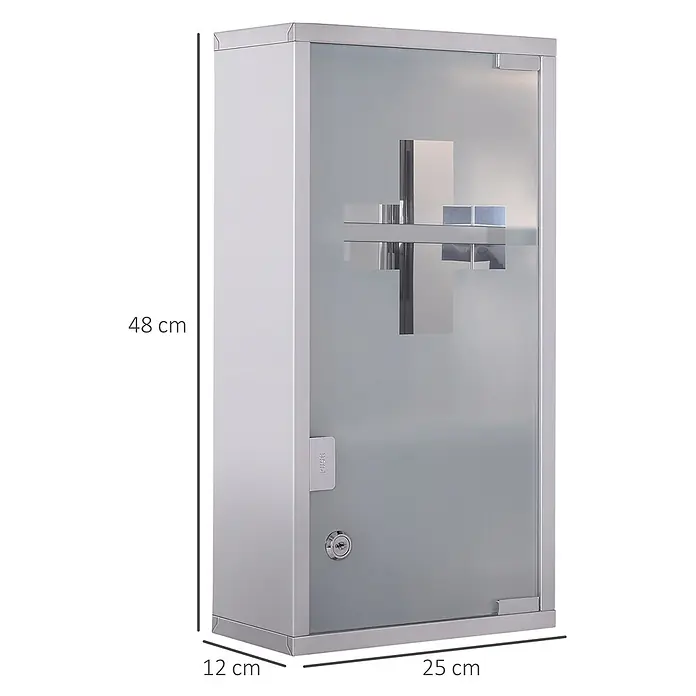 SONNENH Medizinschrank mit Glastür und Schloss, Silber, 25 x 48 cm -  - Silberner Erste-Hilfe-Schrank mit matter Glastür, Kreuzmotiv und Schloss. Maße: 48x25x12 cm.