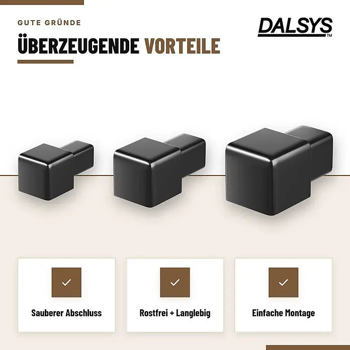 Dalsys Endstück Quadratprofil 10mm Edelstahl Schwarz Gebürstet -  - Drei schwarze, quadratische Endkappen in verschiedenen Größen.