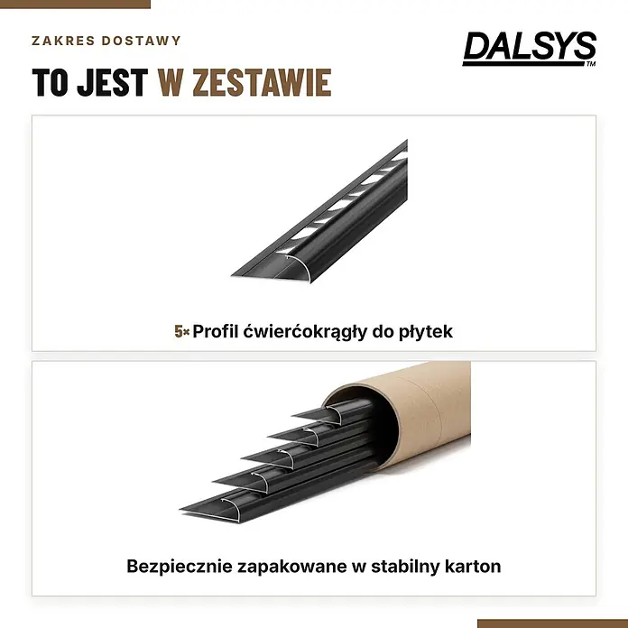 Dalsys Fliesenschiene Viertelkreis 5x 2,5m x 8mm Aluminium Schwarz -  - Set aus 5 dunklen Viertelstabfliesenprofilen, sicher verpackt in einem stabilen Karton.
