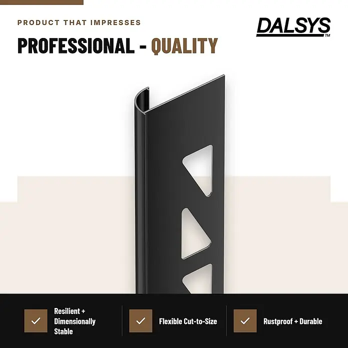 Dalsys Fliesenschiene Viertelkreis 2,5m x 8mm Aluminium Schwarz -  - Schwarze Metallfliesenleiste mit gewölbtem Profil und dreieckigen Aussparungen.