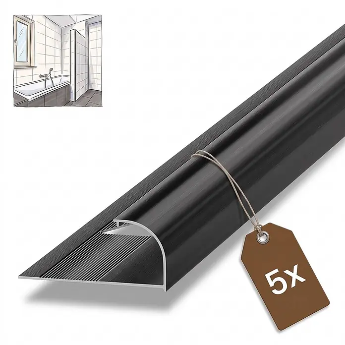 Dalsys Fliesenschiene Viertelkreis 5x 2,5m x 12,5mm Aluminium Schwarz -  - Dunkelgraues Aluminium-Fliesenprofil für Badezimmer, mit 5er-Pack-Anhänger.
