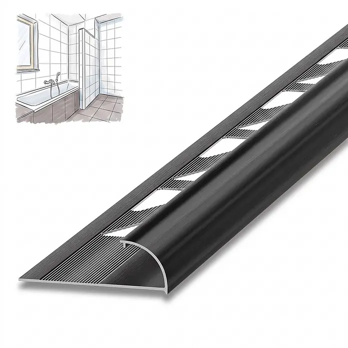 Dalsys Fliesenschiene Viertelkreis 2,5m x 8mm Aluminium Schwarz -  - Schwarze, gebürstete Aluminium-Fliesenleiste mit geriffelter Anti-Rutsch-Oberfläche und abgerundeter Kante, im Kontext eines Badezimmers.