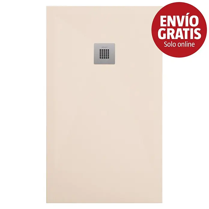 Duplach Plato de ducha Plus - L x An: 110 x 100 cm, Material compuesto, Crema - Plato de ducha rectangular beige claro texturizado con desagüe cuadrado metálico.
