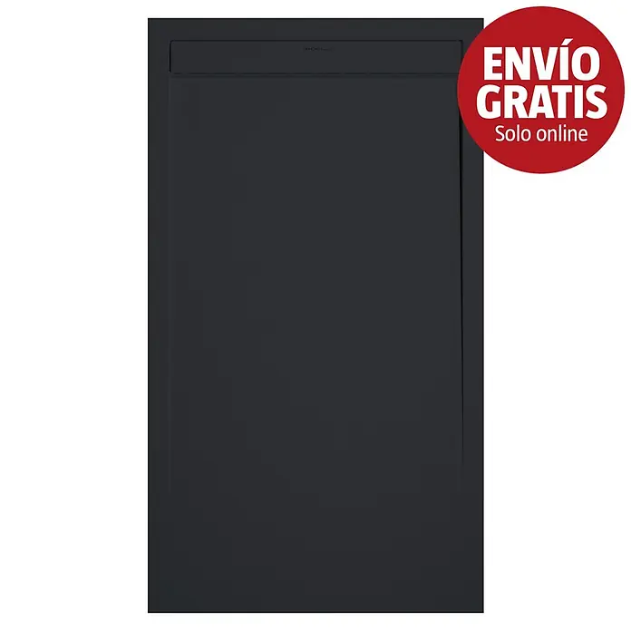 Duplach Plato de ducha Smart - L x An: 90 x 80 cm, Material compuesto, Negro - Plato de ducha rectangular gris oscuro con desagüe lineal en la parte superior y un distintivo rojo 'Envío Gratis'.