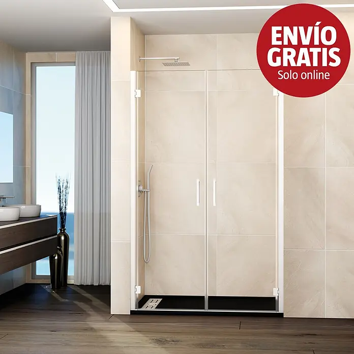 GME Mampara de ducha frontal Glass - 91,7 x 195 cm, Espesor de vidrio: 6 mm, Blanco - Mampara de ducha moderna con puertas de cristal transparente y plato de ducha negro de perfil bajo, instalada en un baño con azulejos beige.